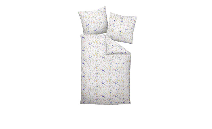 Satin-Bettwäsche Palermo 155x200 cm Set mit Bettdeckenbezug, zwei Kissen, und zartem Blumenmuster auf Weiß.
