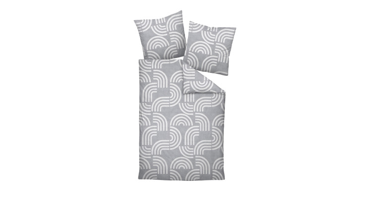 Biber-Bettwäsche Davos 135x200 cm in grau mit weißen Bögen, inklusive Bettbezug und zwei Kissenbezügen.