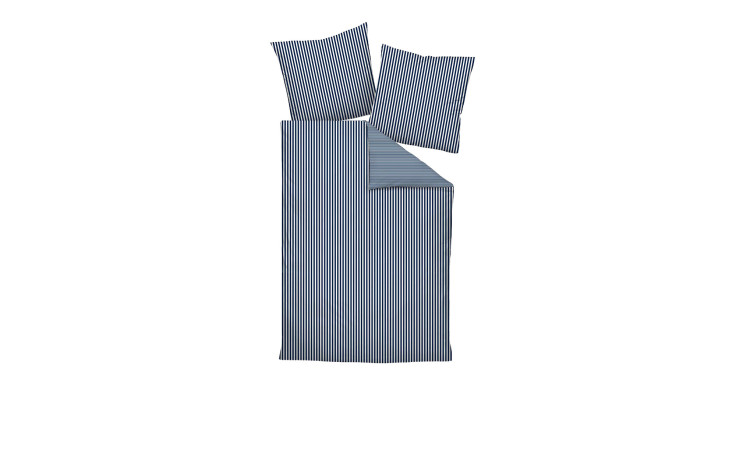 Satin-Bettwäsche 135 x 200 cm Marine mit Streifen, zwei Kissen und Decke, aus Naturfaser auf weißem Hintergrund.