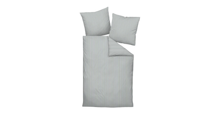 Satin-Bettwäsche 135 x 200 cm Grau Set mit zwei Kissenbezügen und passendem Deckenbezug auf weißem Hintergrund.