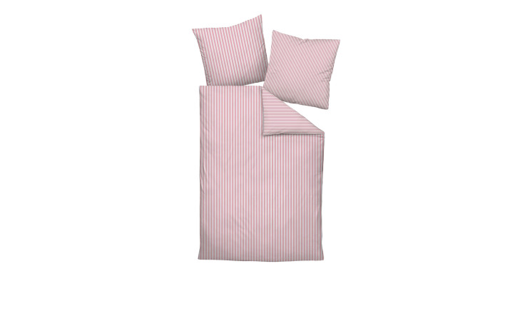 Mako-Satin-Bettwäsche Modernclassic 155 x 220 cm, rosa/weiß gestreift, mit 2 Kissenbezügen auf weißem Hintergrund.