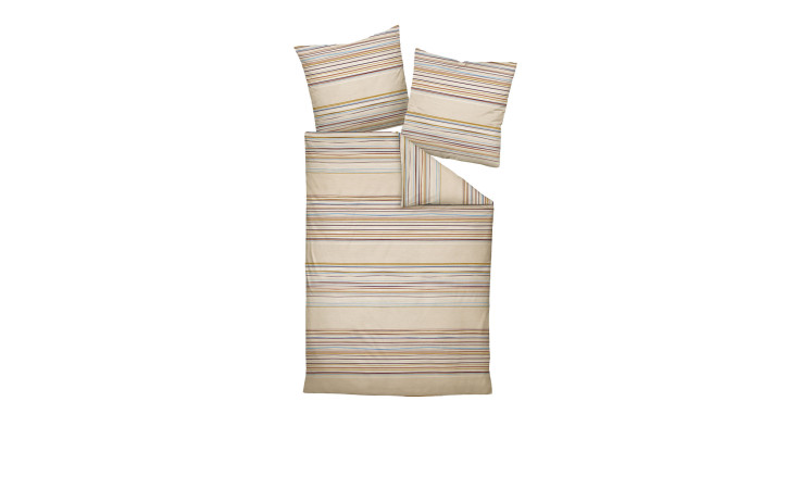 Biber Bettwäsche 135 x 200 cm Beige aus Naturfaser mit bunten Streifen und passenden Kissenbezügen.