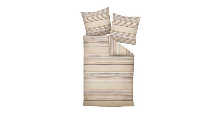 Beige Biber Bettwäsche 200x200 cm mit bunten Streifen und zwei passenden Kissenbezügen im Set.