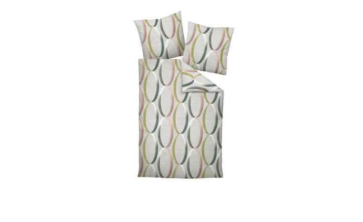 Biber Bettwäsche 155 x 220 cm Platin, aus Naturfaser, mit abstraktem Ovalmuster in Grün, Beige und Braun.