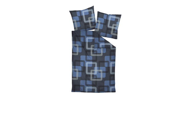 Satin-Bettwäsche J.D. 155 x 220 cm Set mit blau/grauen geometrischen Quadraten, inklusive Bettdeckenbezug und Kissenbezug.