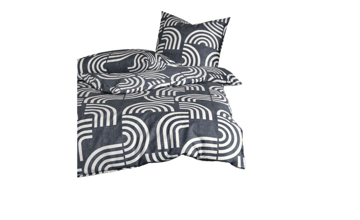 Satin-Bettwäsche Palermo 135 x 200 cm in Schwarz und Weiß mit kühn geschwungenem geometrischem Muster auf Bettdecke und zwei Kissen.