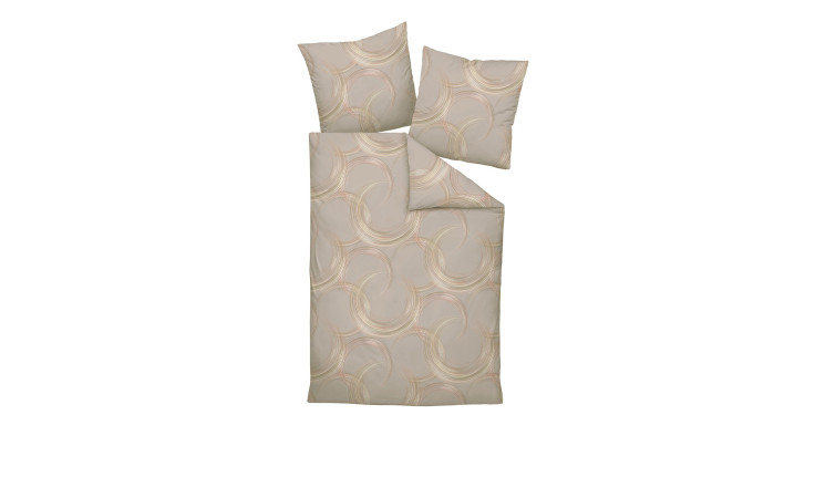 Satin-Bettwäsche Milano 155 x 220 cm in Beige mit zwei Kissen, die ein dezentes, geschwungenes Linienmuster in neutralen Farben aufweisen.