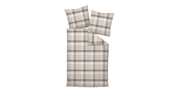Beige und braun karierte Satin-Bettwäsche Milano 135 x 200 cm mit zwei passenden Kissen auf weißem Untergrund.