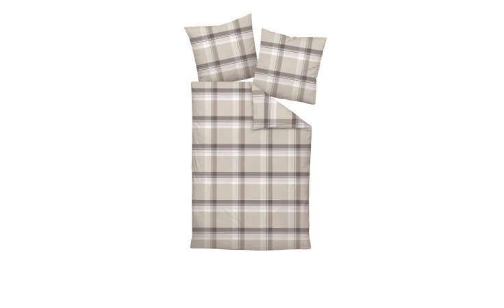 Beige und braun karierte Jersey-Bettwäsche Carmen S 135 x 200 cm aus kuscheligem Interlock-Jersey auf weißem Grund.