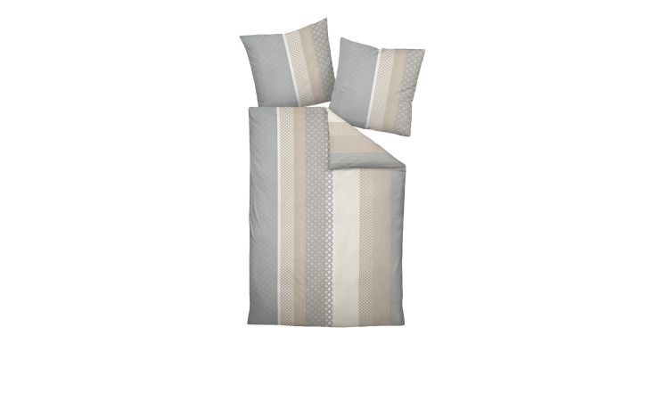 Mako-Satin-Bettwäsche Palermo 135x200 cm in beige, grau & weiß mit geometrischem Muster auf weißem Hintergrund.