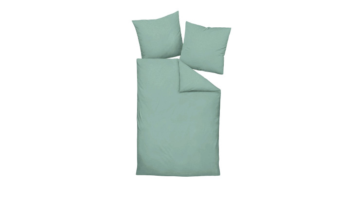 Bettwäsche Seersucker 135 x 200 cm Set in hellgrün mit Bettbezug und 3 Kissen, Draufsicht auf weißem Hintergrund.