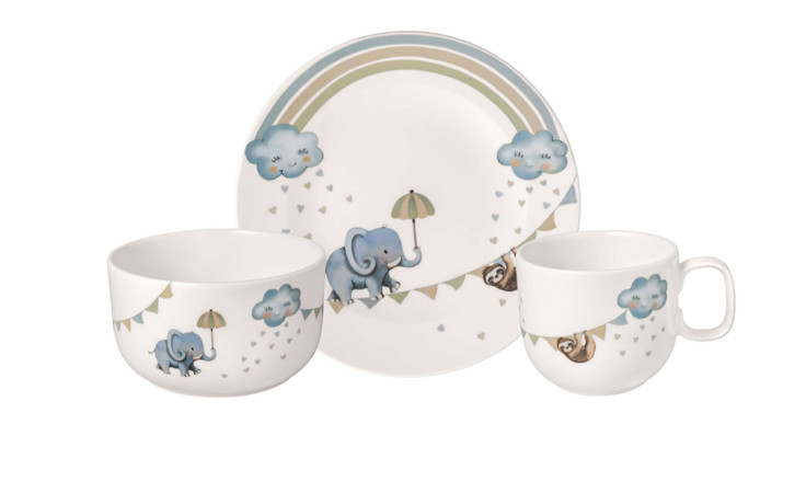 Kindergeschirr-Set Walk like an Elephant 3tlg.: Teller, Schale & Becher mit Elefanten, Wolken & Faultier in Pastelltönen.
