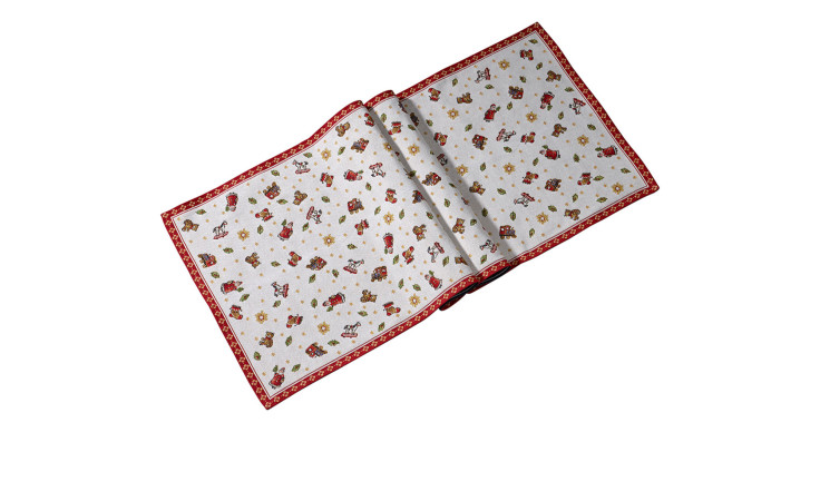 Tischläufer Gobelin XL Toys Delight 49 x 143 cm in weiß mit weihnachtlichen Motiven.