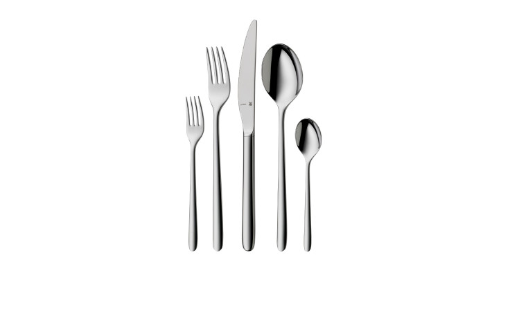 WMF Besteck-Set Flame Plus 66-tlg: Fünfteiliges silberfarbenes Edelstahl-Zubehör mit Gabeln, Messer und Löffeln.