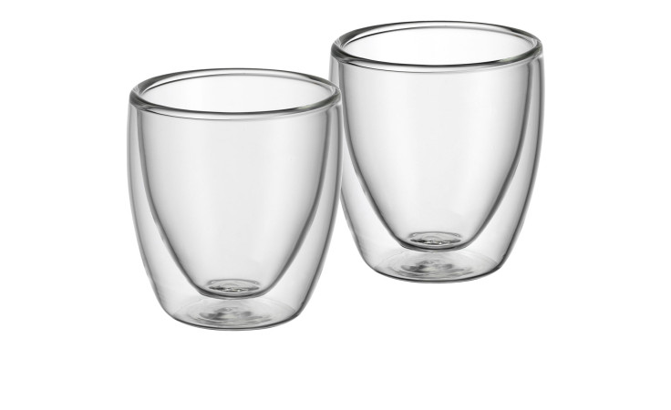 Zwei doppelwandige Becher WMF Espressoglas Kult 80 ml stehen nebeneinander auf weißem Grund.