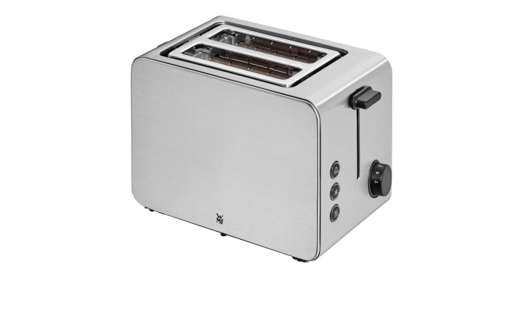 Der WMF Toaster Stelio ist ein silberfarbener Edelstahl-Zweischeiben-Toaster mit seitlichen Bedientasten und Bräunungsregler.