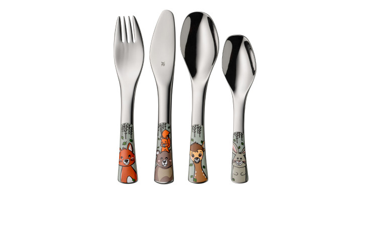 WMF Besteck-Set Kinder 4-tlg: Vierteiliges Edelstahlbesteck mit Fuchs-, Bären-, Hirsch- und Hasengriffillustrationen.