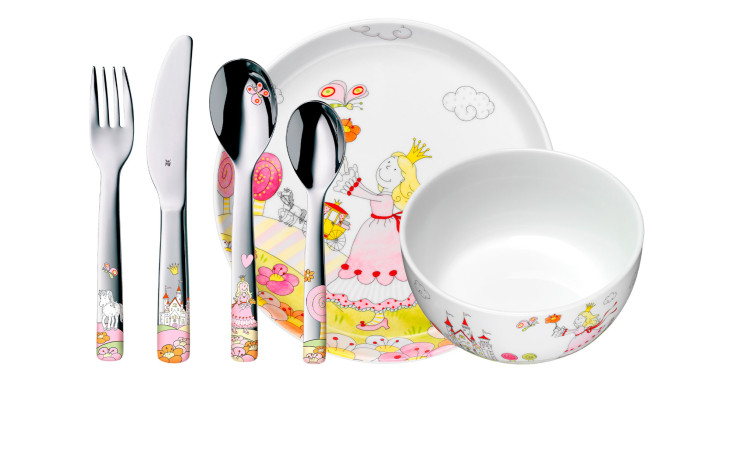 Das WMF Kindergeschirr Prinzessin Anneli 6-tlg. besteht aus Gabel, Messer, Löffel, Teelöffel (silberfarben Edelstahl) sowie Porzellanteller und -schale - jeweils mit bunten Prinzessinnen- und Schlossmotiven.