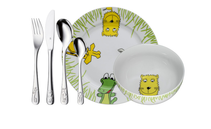 WMF Kindergeschirr Safari 6-tlg.: silberfarbenes Kinderbesteck & Geschirr mit Tiermotiven und Grasmuster.