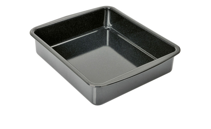 Die Kaiser Grill-/Auflaufform Inspiration ist eine schwarze, rechteckige 30-cm-Stahlpfanne mit einer glänzenden Oberfläche.