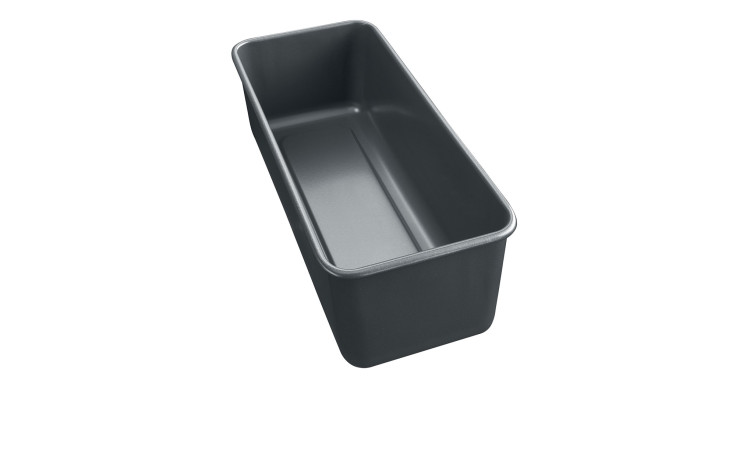 Kaiser Kuchenform La Forme Plus, 30 cm, rechteckig, Stahl, glatte Seiten, in Schwarz auf weißem Hintergrund.