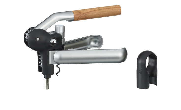 WMF Hebelkorkenzieher Baric Hebelkorkenzieher mit Folienschneider, Metall und Buche-Holz, abgebildet auf weißem Hintergrund.