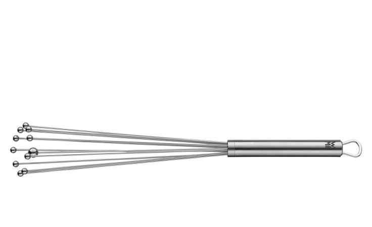 Ein WMF Rührblitz Profi Plus 32 cm aus silberfarbenem Edelstahl mit mehrfachem Metall-Prongs auf weißem Hintergrund.