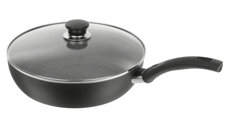 Die Zwilling Schmorpfanne Bologna Granitium 28 cm Antihaftpfanne mit Glasdeckel und schwarzem Griff ist auf weiß abgebildet.