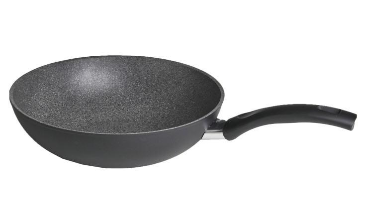 Der Zwilling Wok Bari 28 cm ist aus antihaftbeschichtetem Aluminium in Grau mit schwarzem Griff, abgebildet auf weißem Hintergrund.