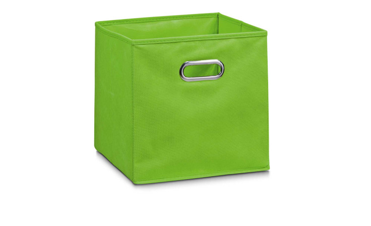 Grüne Aufbewahrungsbox 28 x 28 x 28 cm aus Textil/Metall mit Metallgriff, vor weißem Hintergrund.