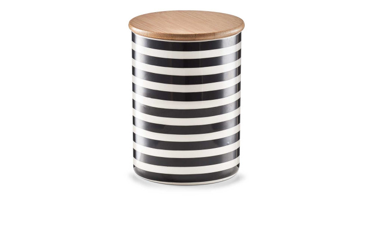 Die Vorratsdose 11,5 x 13 cm ist ein hohes Keramikgefäß mit schwarz-weißen Streifen und einem Holzdeckel.