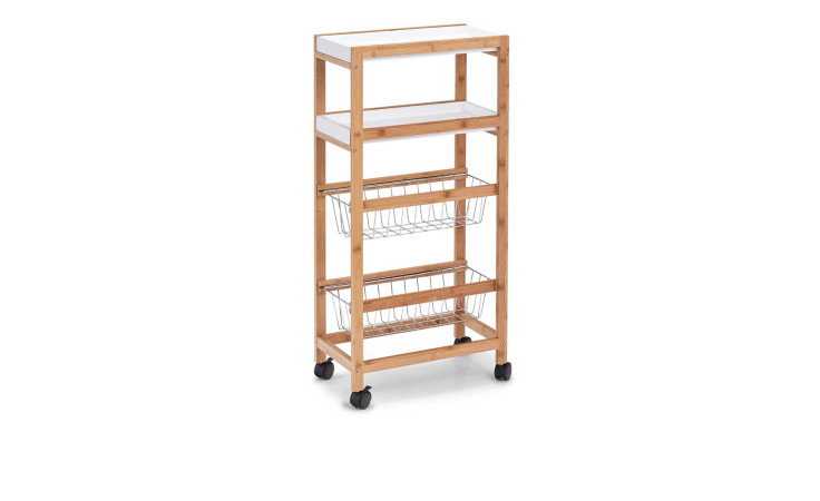 Nischen-Rollwagen 40 x 22 x 83 cm mit Bambusrahmen, weißen Ablagen und zwei Metalldrahtkörben.