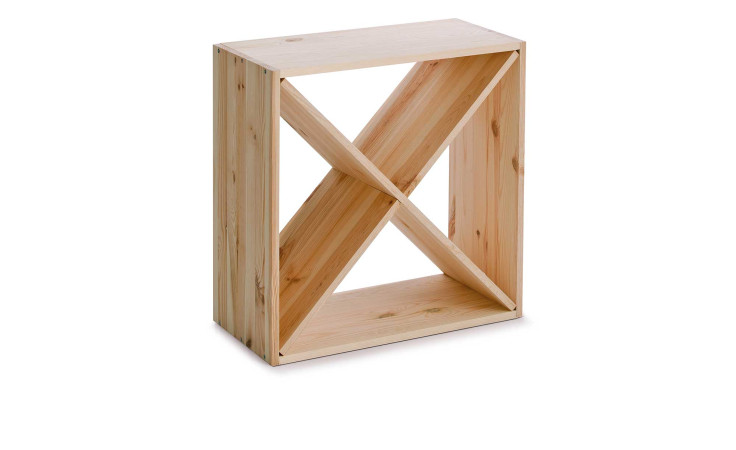 Beige Holz Möbel: Weinregal 52 x 25 x 52 cm mit zwei diagonalen Regalböden, die ein "X" im Inneren bilden.