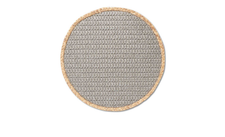 Platzset Nature 38 cm runder Webteppich aus Papier in Grau mit braunem Flechtrand, abgebildet auf weißem Hintergrund.
