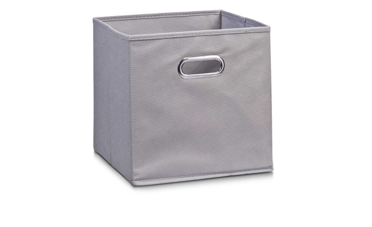 Die Aufbewahrungsbox 32 x 32 x 32 cm hat eine graue Textiloberfläche und einen rechteckigen Metallgriff an der Vorderseite.