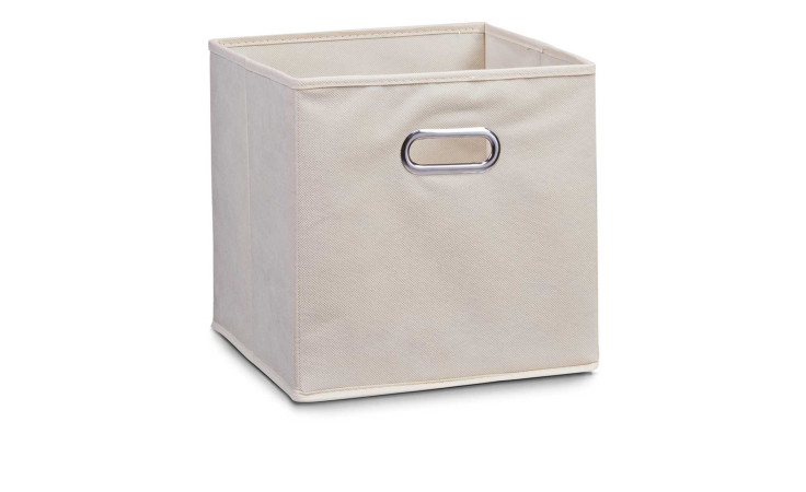 Beige Aufbewahrungsbox 32 x 32 x 32 cm mit Metallgriff vorne vor weißem Hintergrund.