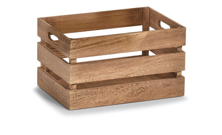 Eine beigefarbene rechteckige Aufbewahrungskiste 35 x 25 x 20,5 cm mit Lattenrost und Griffen, abgebildet auf weißem Hintergrund.