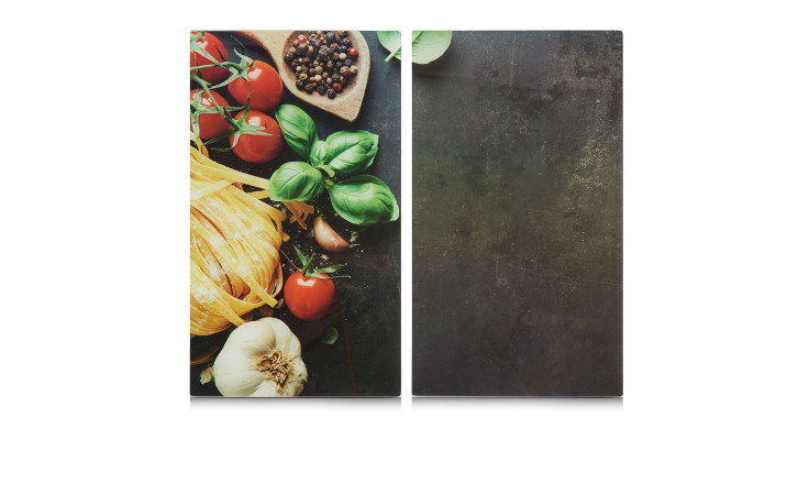 Herdabdeck-/Schneideplatten-Set 2-tlg. 30x52cm: eine mit Futternäpfen, eine einfarbig, dunkel und strukturiert.