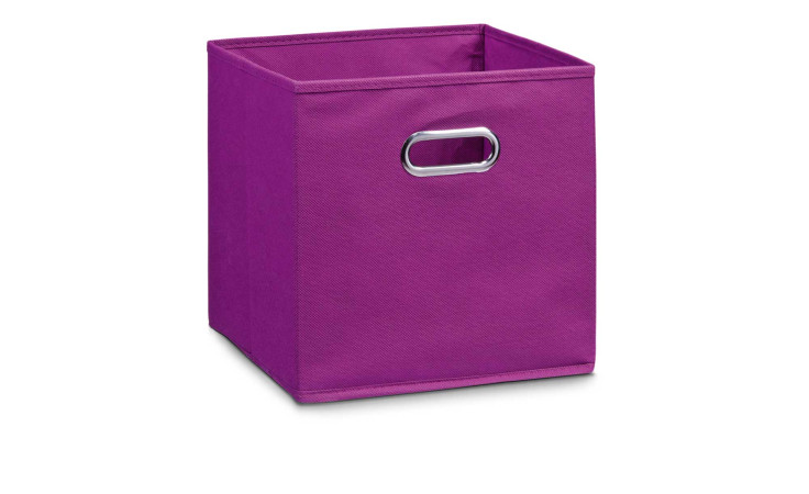Eine violette Aufbewahrungsbox 28 x 28 x 28 cm mit Metallgriff an einer Seite vor weißem Hintergrund.