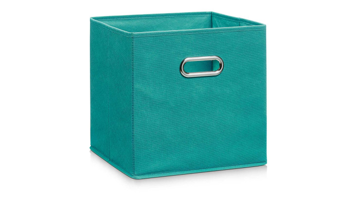 Aufbewahrungsbox 32 x 32 x 32 cm aus petrolfarbenem Textil mit ovalem Metallgriff, abgebildet auf weißem Hintergrund.