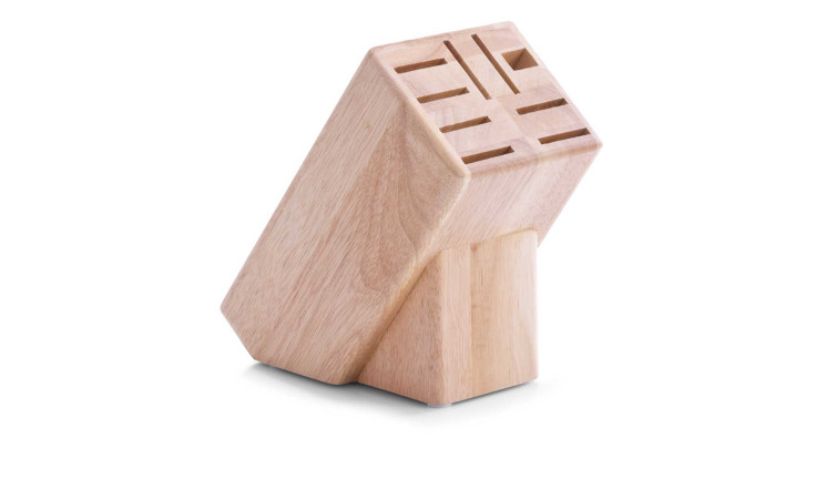 Ein beiger Messerblock 12,5 x 22 x 25 cm mit mehreren Schlitzen, leer auf weißem Hintergrund abgebildet.
