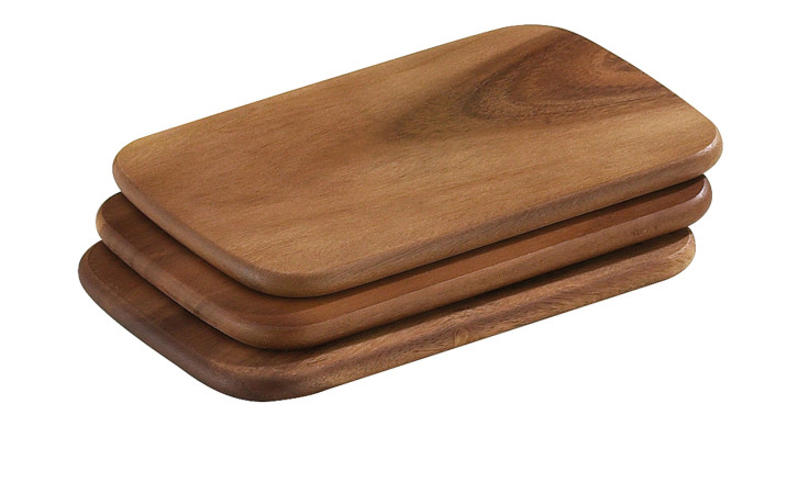 Frühstücksbretter-Set 22 x 15 cm, 3-teilig, in warmen Holzfarben mit abgerundeten Ecken auf weißem Hintergrund.