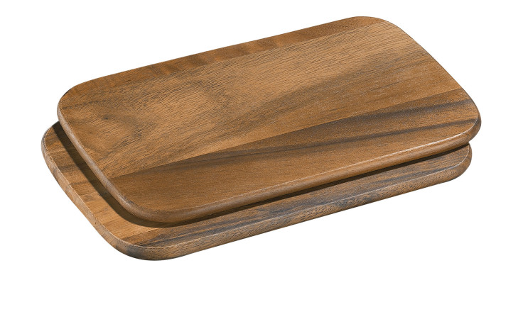 Zwei Frühstücksbretter-Set 26 x 17cm 2 tlg. aufeinander gestapelte Schneidebretter vor weißem Hintergrund.