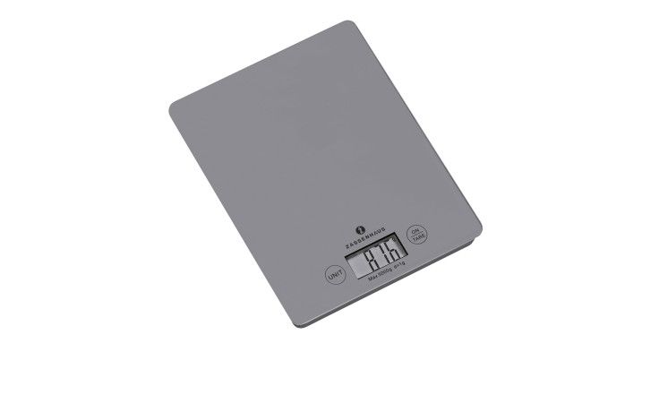 Die Digitale Küchenwaage mit grauer Kunststoffoberfläche zeigt auf ihrem LCD-Display 6,11 Unzen an.