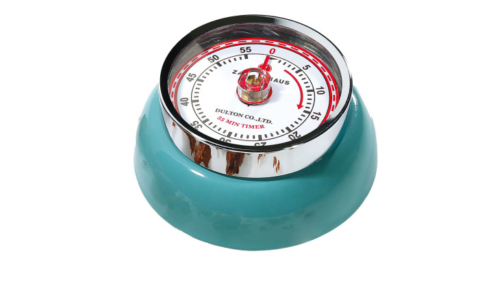 Ein Küchentimer Speed in Petrol Metall lackiert, 7 cm Durchmesser, eingestellt auf 55 Min., von oben gesehen auf weiß.