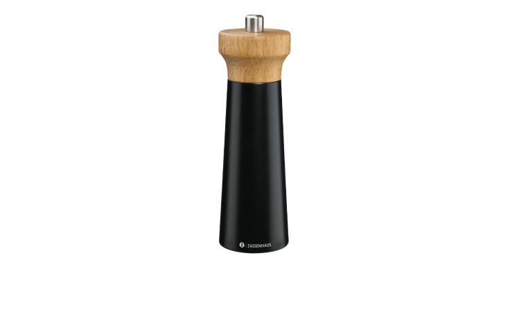 Die Salzmühle Westerland 18 cm hat einen holzfarbenen Deckel und einen mattschwarzen Korpus, der auf weißem Hintergrund abgebildet ist.