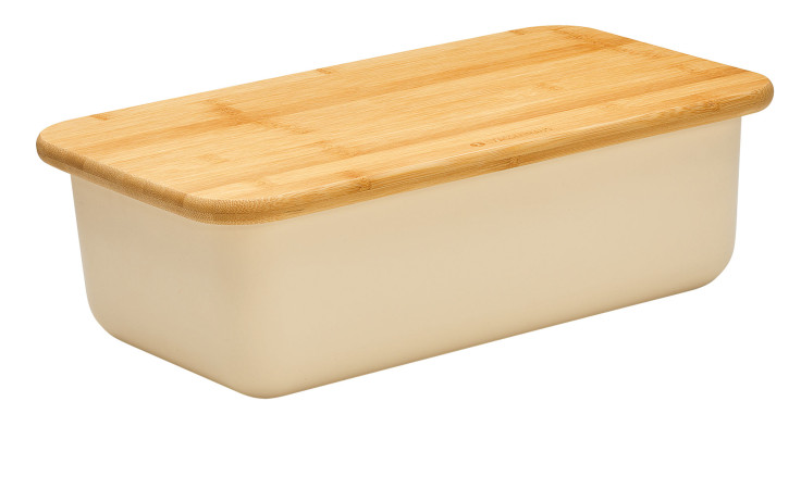 Brotkasten Loft eckig 40 cm aus beigem Kunststoff mit Bambus-Deckel vor weißem Hintergrund fotografiert.