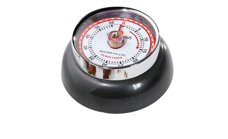 Ein Küchentimer Speed in Anthrazit und Silber, eingestellt auf 10 Minuten auf weißem Hintergrund.