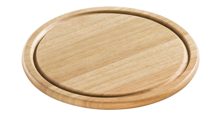 Käse-/Steakplatte, braunes Holz mit umlaufender Rille, 25 cm Durchmesser, auf weißem Hintergrund.