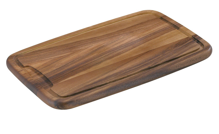 Tranchierbrett Akazie 42 x 27,5 cm: Rechteckiges Akazienschneidebrett, holzfarben, mit geschwungenen Kanten und umlaufender Rille.